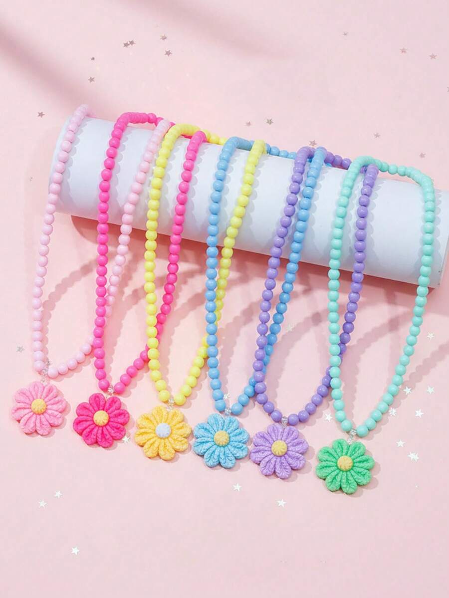 6 件套女孩可爱多色花朵吊坠串珠项链首饰套装，适合节日派对生日礼物