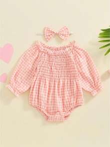 Infant Baby Girls Romper Ruffle Sleeve Pleated Smocked Bubble Plaid One Piece Ruched Jumpsuit Spring Fall Bodysuit - Rosa - Ver 1