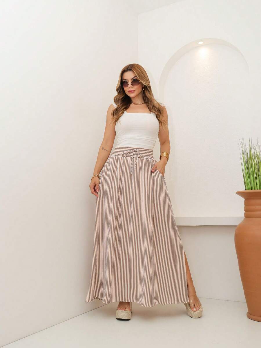AMY FASHION STRIPED LENGTH SKIRT WITH SLIT AND BAG, THICK WAIST, 2025 FASHION - 卡其色 - 查看 1