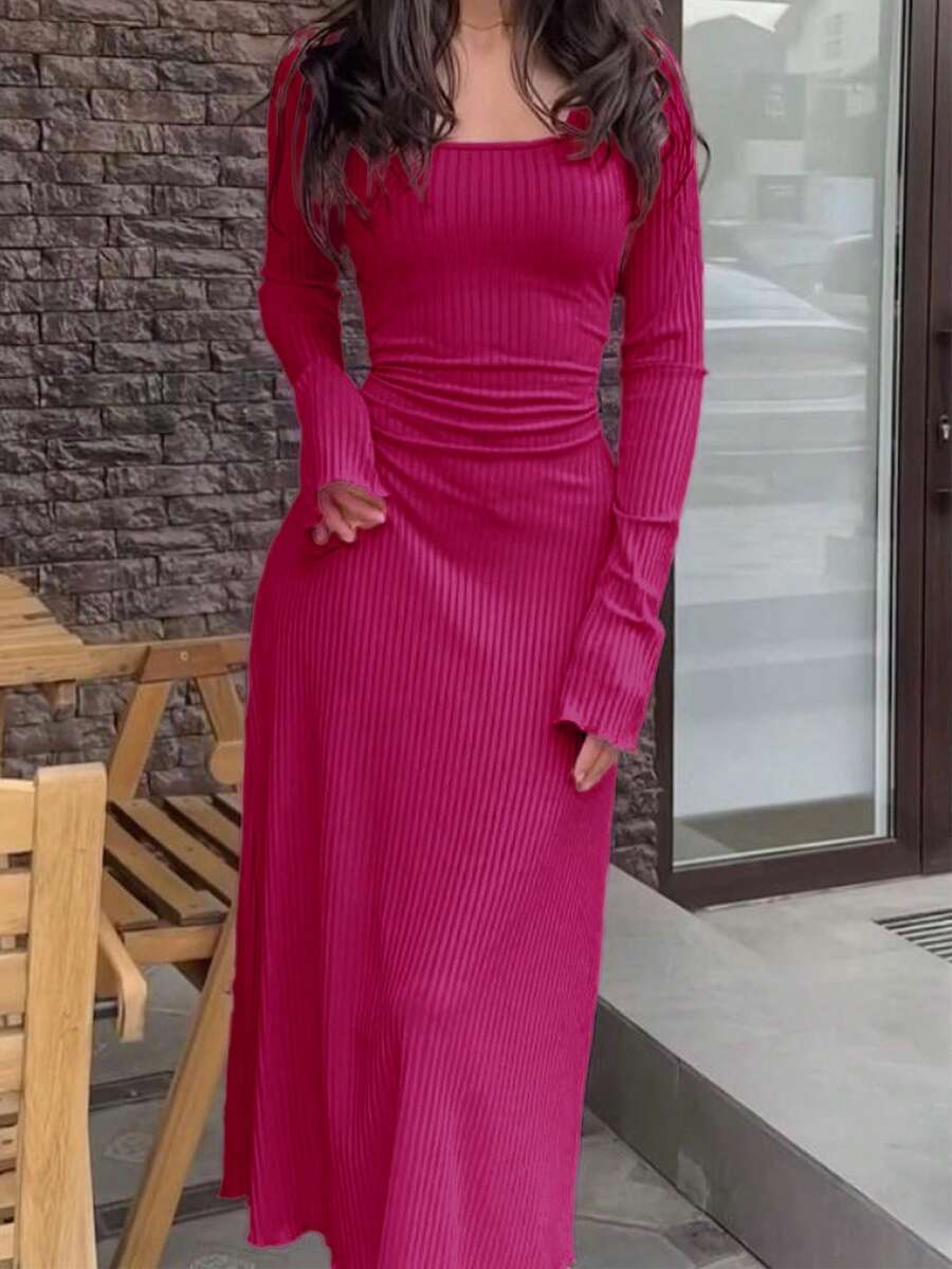 UREREM 210g Vestido de manga larga ajustado con cuello cuadrado, de punto acanalado y cordón lateral en color liso suave - Rosa Fucsia - Ver 1