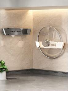 1 pieza Estante ajustable para tapa de olla montado en la pared, organizador de almacenamiento de cocina sin taladro, soporte plegable para tapas, tablas de cortar y utensilios de cocina