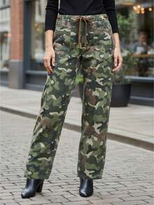 Women Mid Waist Camouflage Pants Elastic Waist Loose Casual Drawstring Pants Trousers Streetwear With Pockets - 彩色 - 查看 1