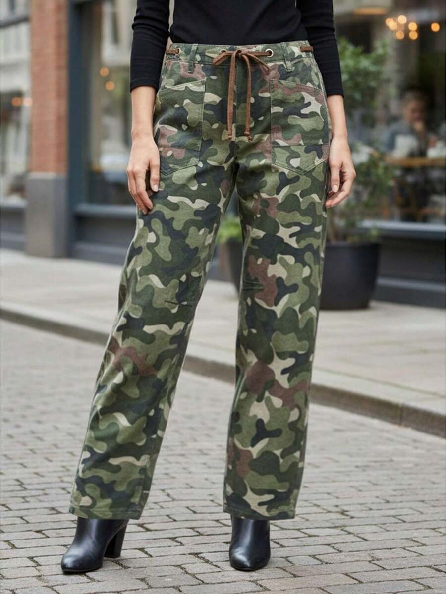 Women Mid Waist Camouflage Pants Elastic Waist Loose Casual Drawstring Pants Trousers Streetwear With Pockets - 彩色 - 查看 1