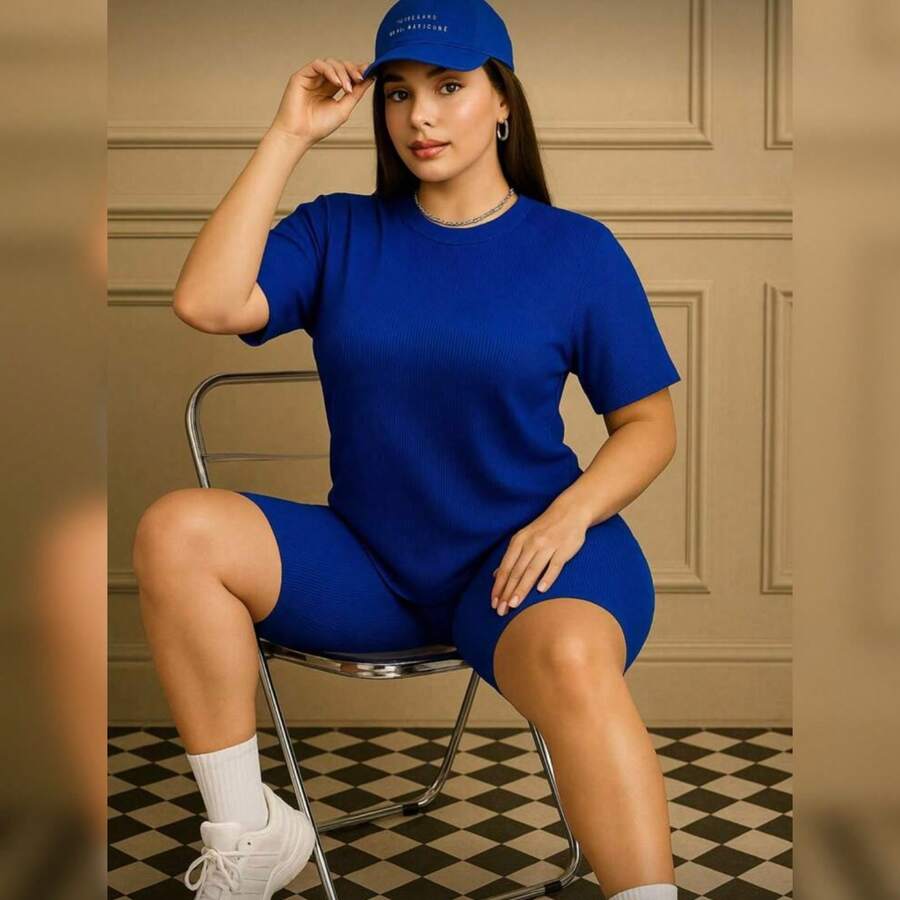 set de 2 piezas short y playera en tela lisa, comodo y fresco - Azul - Ver 1