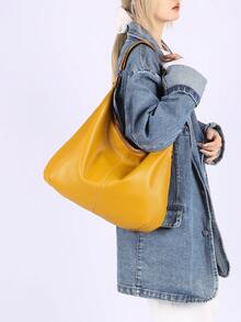 新款柔软皮革女士包，简约休闲单肩包，女士流浪包，简约腋下包，大容量手提包，适合工作通勤购物休闲 - 黃色 - 查看 9