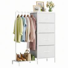 Tomnk Kids Dresser With Clothes Rack, 4 Fabric Drawers & Wooden Top | Children's Storage Organizer For Bedroom, Closet, Nursery Furniture With Grid Panel, Dresser For Bedroom - White - View 7