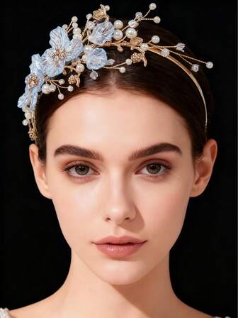 1件树脂花朵金属叶子仿珍珠水晶水钻发箍，可爱时尚发饰，适合婚礼、日常佩戴、生日派对和其他场合。