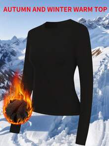ملابس علوية أساسية ذات كم طويل وياقة عالية، بخط رفيع، سميكة وذات بطانة حرارية، لون أسود، لموسم الخريف والشتاء، قطعة واحدة - الأسود - مشاهدة 2