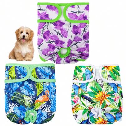 3 Packs Reusable Dog Diapers For Female Dogs, Washable Floral Pattern Puppy Diapers With Adjustable Straps, Pet Menstrual Pants For Incontinence, Heat Cycle, House Training