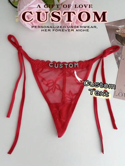 1pc Women's Custom Text & Floral Lace & Tie-Side Design, Red/Black Lace Fabric, Comfortable & Seductive, Personalized & Alluring Sexy Lingerie Thong For Intimate Occasions & Valentine's Day
