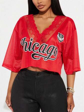 FQLWL 女士夏季服装 T 恤女士 V 领短袖蕾丝花边短款上衣街头风格足球 T 恤