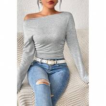 Women's Plain Minimalist Basic Ruched Asymmetrical Neck Drop Shoulder Tee, Elegance Mufti Clothes, Fall Long Sleeve T-Shirt For Everyday, Back To School T Shirts, Lady Clothes For Streetwear, Womenswear, Casual Wear - 卡其色 - 查看 2
