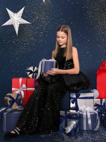 Tween Girl 2 Pieces Sleeveless 3D Floral Tulle Party Dress Set, Suitable For Girls Birthday Party, Wedding, Bridesmaid, Holiday Celebration - Black - View 3