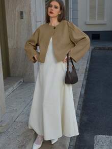 Damski elegancki, prosty, swobodny, uniwersalny, luźny, podszyty guzikami, gruby, krótki płaszcz, odpowiedni na codzienne wyjścia, do domu, na święta, randki, do biura, w podróż jesienią/zimą i na Boże Narodzenie - Wielbłąd - Zobacz 6