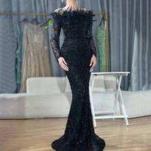 25 Black Off-Shoulder Feather Mermaid Gown Light Luxury Elegant Socialite Banquet Host Evening Dress - 粉紅色 - 查看 2