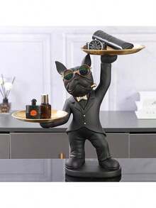 33.5CM Butler French Bulldog Statue - Resin Decor With 2 Serving Trays, Vintage Home Accent For Living Room/Bar