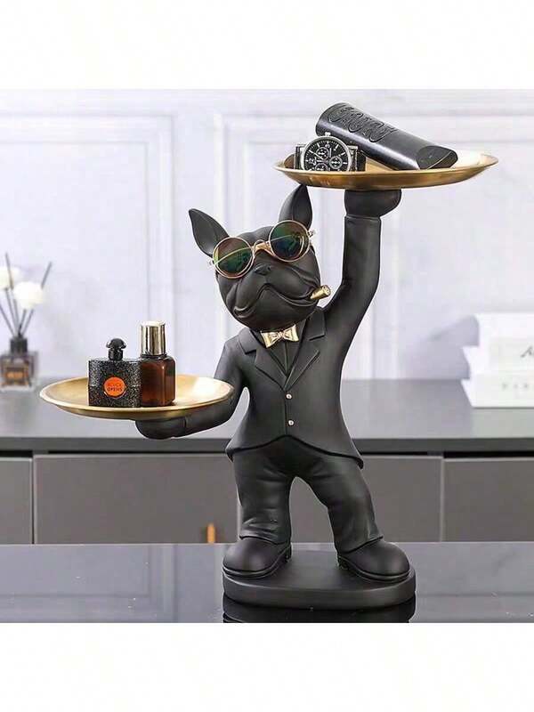 33.5CM Butler French Bulldog Statue - Resin Decor With 2 Serving Trays, Vintage Home Accent For Living Room/Bar