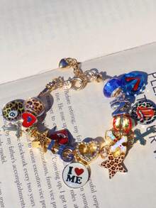 1 vòng tay họa tiết da báo và ngôi sao, 1 vòng tay thánh giá trái tim, 1 vòng tay khẩu hiệu Love Yourself, 1 vòng tay hình 8 bi họa tiết da báo, 1 vòng tay đôi môi gợi cảm, 1 vòng tay trái tim đỏ (cùng kiểu dáng với Ins) - Vàng - Xem 5