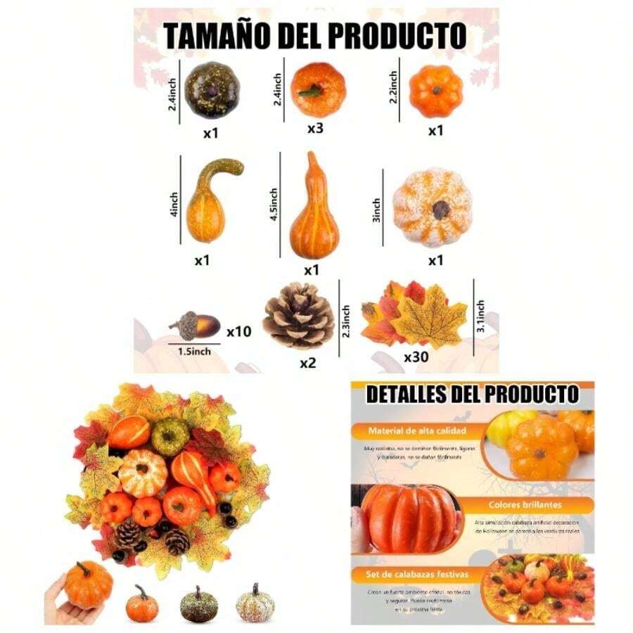 Calabazas Decorativas de Halloween, 50 Piezas Decoracin de Otoo con Pias y Hoja Arce, Calabaza Decorativa Artificiales para Halloween, Accin de Gracias, Decoracin de Hogar y Fiestas - inicial - Ver 1
