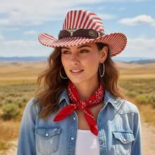 Rainbow Pattern Cowgirl Hat With Bull Head Decorative Leather Band Western Style Wide Brimmed Cap For Men Women - Pink - View 2
