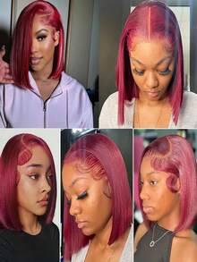 99j 酒红色波波头假发，真人发蕾丝前假发，预先拔毛，13x4 蕾丝前假发，150 密度，短款波波头前假发，无胶假发，真人发带婴儿发，14 英寸