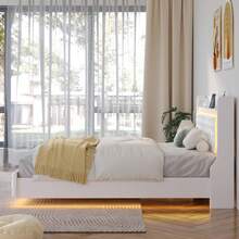 Floating Queen Bed Frame With LED Light, Upholstered Platform Queen Bed With Charging Station & Wingback, Diamond Tufted Storage Headboard & Footboard, PU Leather, No Box Spring Needed - Xem 7