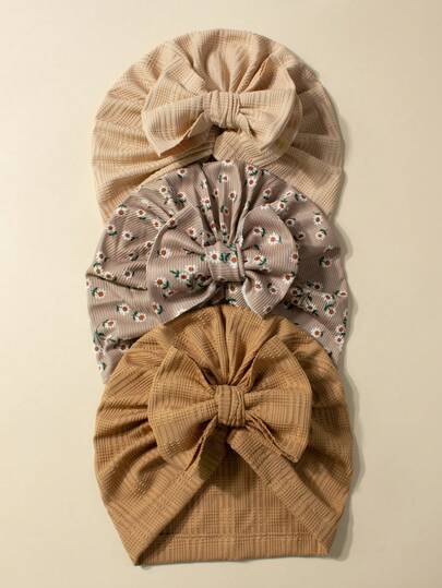 3pcs Newborn Autumn/Winter Coffee Ribbed Bow Decor Baby Headband & Hat Set, Suitable For Daily Use