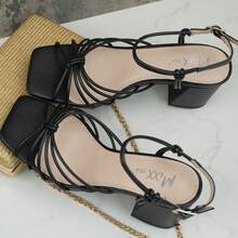 Women's Strappy Sandals Women 2.5-Inch Block Heel Tie Strap Square Toe Casual Comfortable Summer Shoes - 黑色 - 查看 4