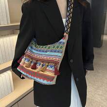 Torebka damska z frędzlami, torba na ramię, modna, geometryczna, pleciona, torba na ramię, torba listonoszka - Wielokolorowe - Zobacz 7