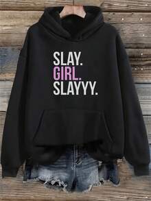 Popular Hoodies For Girls Women's SLAY SLAY Pattern Hoodie - Comfortable Pullover Sweatshirt With Front Pocket, Long Sleeve Casual Top, Medium Stretch Fabric, Machine Washable, Gray Daily Travel Style Roomy And Comfortable - 規格 - 查看 6