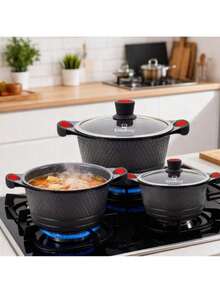 6pcs Aluminum Alloy Cookware Set - Marble Non-Stick Coating, Compatible With All Stoves - Black - View 1