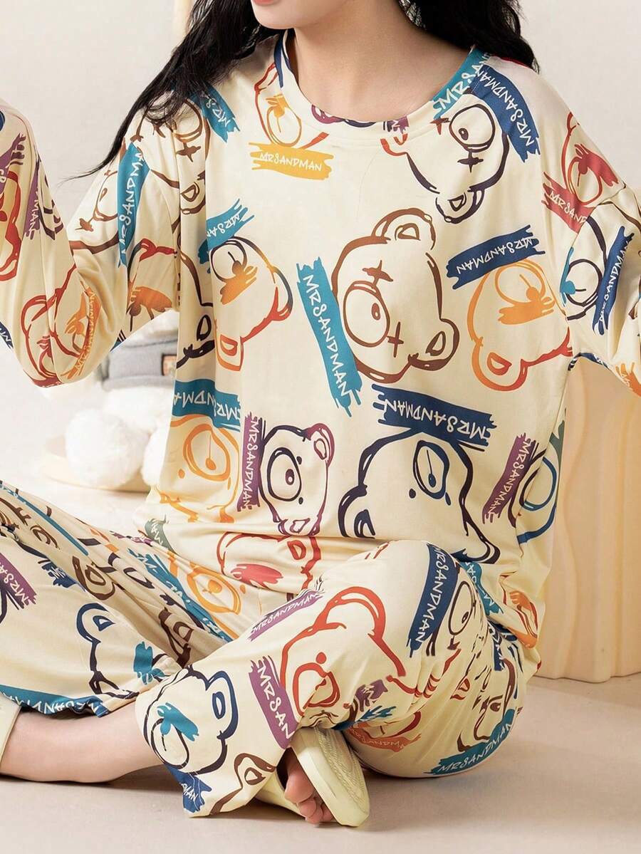 AICJ 2pcs/Set Women Cartoon Bear Print Casual Sleepwear Set, Long Sleeve Round Neck Top & Full Length Pants, Comfortable Loose Fit, Suitable For Spring, Autumn, Winter, Two Pieces Set, Fall Clothes - Multicolor - View 1
