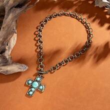 Boho Chunky Gold Turquoise Pendant Necklace Women Vintage Country Western Choker Unique Statement Jewelry Accessories - 棕色 - 查看 6