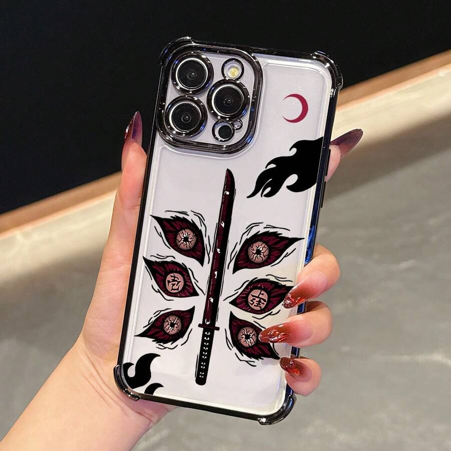 Funda para Teléfono Estilo Fantasía Oscura Japonesa con Espadas Erizos y Cara de Demonio Kokushibo Compatible con 17, 16, 16E, 15, 14, 13, 12, 11 Pro, X, XR, XSMAX, 8, E Plus, con Borde Negro, Parte Trasera Transparente Ant17 17promax - Negro - Ver 1