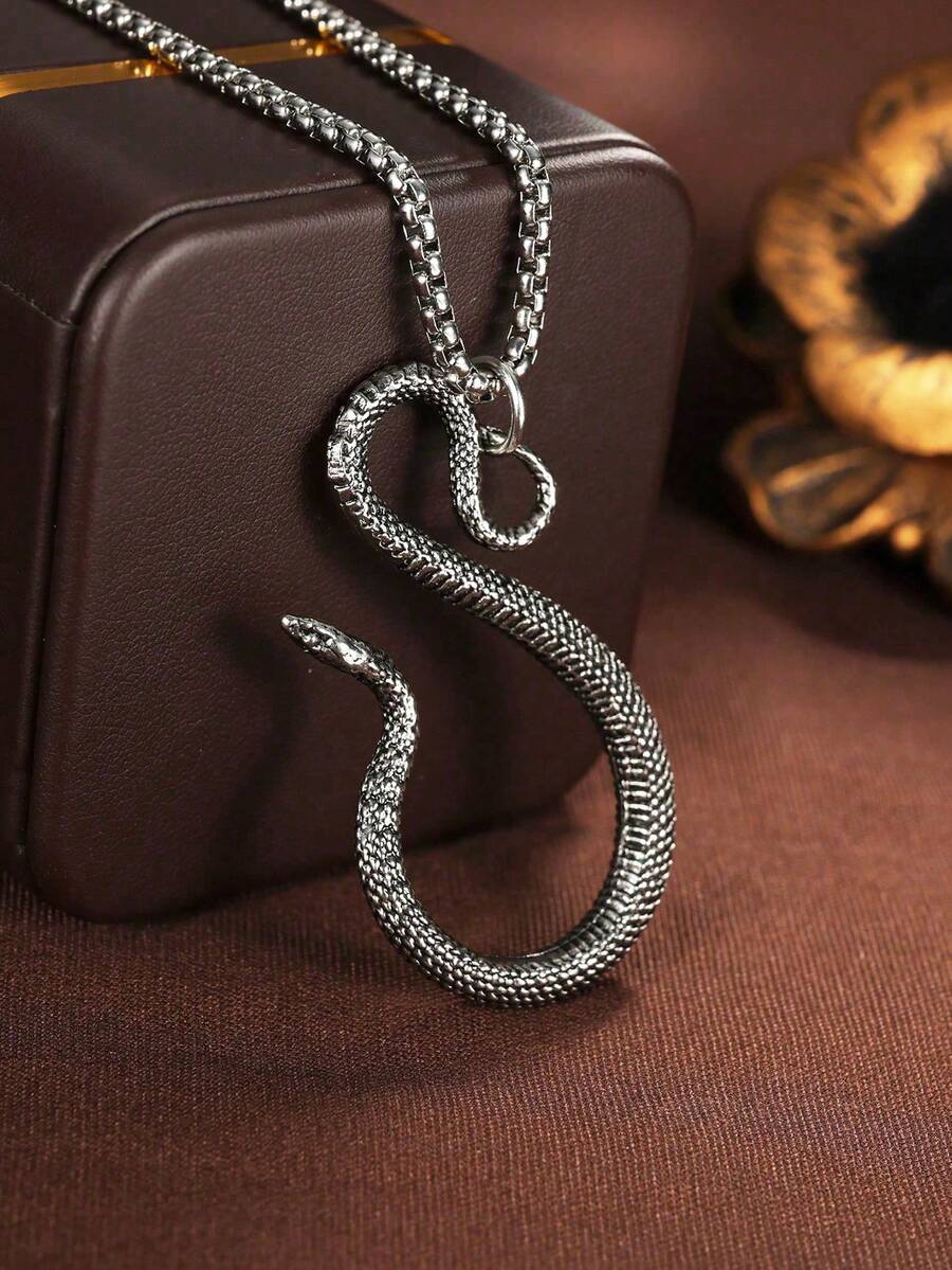 1件 时尚男士蛇形吊坠项链 - 復古銀色 - 查看 1