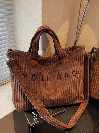 Bolso de mano grande con capacidad de estilo de moda otoño e invierno con patrón de letra decorativo de pana, bolso de mano versátil con doble asa para mujeres, adecuado para ir al trabajo, viajar y compras, muy apropiado para vacaciones en la playa y la