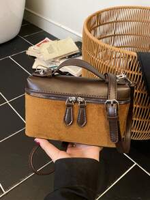 New Matte Patchwork Mini Handbag Crossbody Bag Phone Pouch, Fashionable Commuter Bag - Brown - View 10