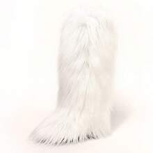 女士冬季过膝雪地靴保暖蓬松内衬防水毛绒保暖内衬时尚雪地靴 - 白色 - 查看 7