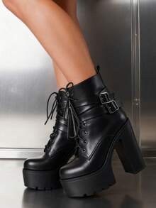 Punk Gothic Women Winter Boots Chunky High Heel Lace Up Round Toe Ankle Cool Fashion Party Nightclub Shoes - 黑色 - 查看 5