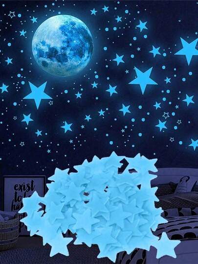 200/100片夜光星星贴纸，树脂闪光贴纸，自粘式，可重复使用，多表面适用，太空主题，光泽亮丽，装饰艺术风格，适用于客厅、卧室墙面和天花板装饰，房间装饰，墙贴，卧室装饰，厨房装饰，家居装饰