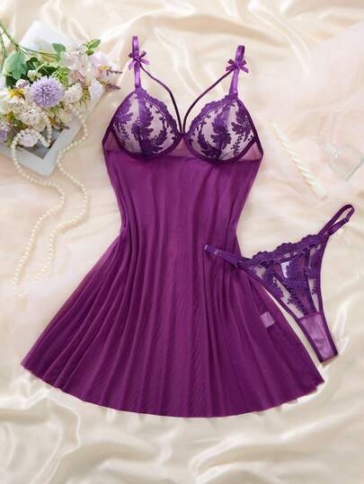 2pcs Women's Burgundy Regal Charm Sleepwear Set - Luxurious Sexy Robe, Embroidered Bow Bra, Soft Comfortable Loungewear, Suitable For All Seasons, Semi-Sheer Chiffon Nightgown, Christmas And Halloween Gift