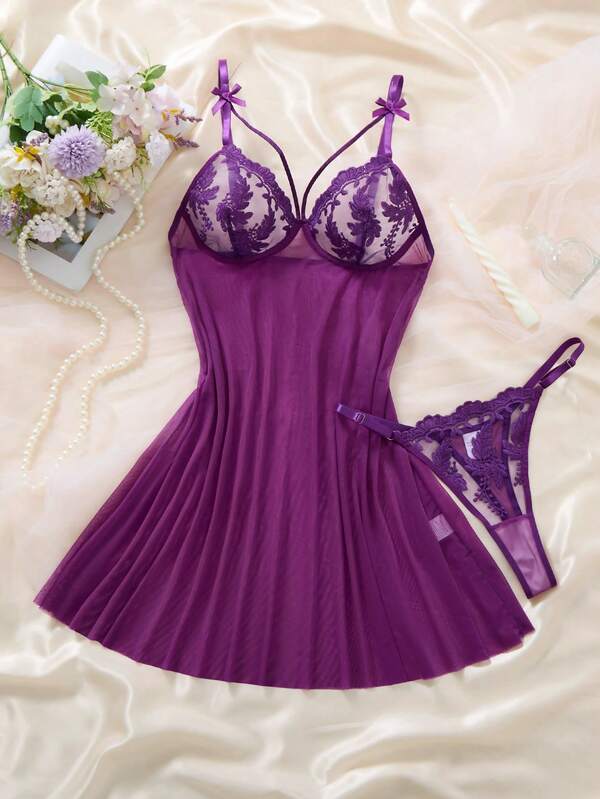 EverydayBra Ladies' Two Pieces Wine Red Court Mature Charm - Gorgeous And Sexy Nightgown, Embroidered Bow Bra, Soft And Comfortable Home Wear, Suitable For All Seasons, Translucent Thin Dress, Christmas And Halloween Gifts