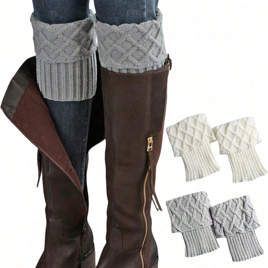 1 Pair Diamond Pattern Casual Acrylic Short Cuff Knitted Leg Warmers, Suitable For Autumn/Winter Women Outfit With Tall Boots, Snow Boots, Ankle Boots, Warm And Windproof