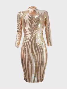 亮片緊身連衣裙 - 杏色 - 查看 1