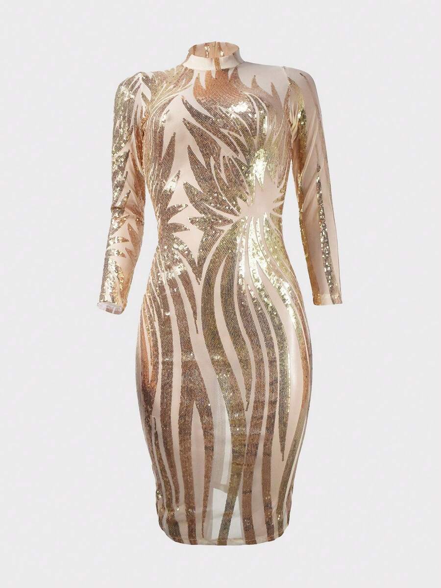 亮片緊身連衣裙 - 杏色 - 查看 1