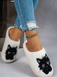 نعال منزلية مبطنة بالفرو مزخرفة برسومات حيوانات كرتونية مانعة للانزلاق للنساء، ملابس منزلية كاجوال للشتاء