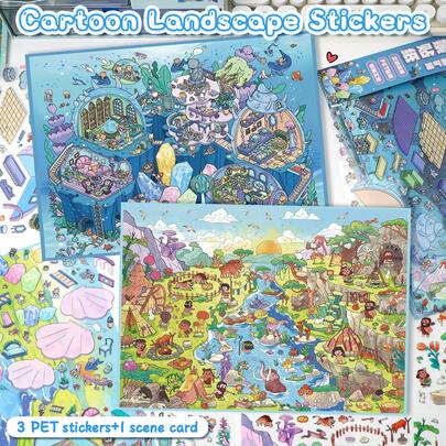 新款DIY场景贴纸，成人风景贴纸，房屋贴纸，剪贴簿贴纸，3D微缩房屋景观贴纸，DIY剪贴簿贴纸，风景贴纸，景色贴纸，笔记本贴纸，可重复使用，多种尺寸可选