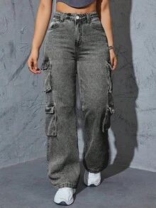 Plus Size Women's Y2K Streetwear Multi-Pocket Straight Leg Cargo Jeans Casual Spring - Light Grey - View 4