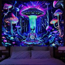 Amonercvita Blacklight Alien UFO Tapestry Neon Mushroom Floral Tapestries UV Reactive Yoga Meditation Tapestry Fantasy Forest Tapestries Wall Hanging Backdrop For Home Decor ZWH0 - 黑色 - 查看 1
