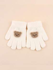 1 双儿童冬季保暖针织手指手套，男孩女孩可爱熊图案全指手套，适合 3-8 岁